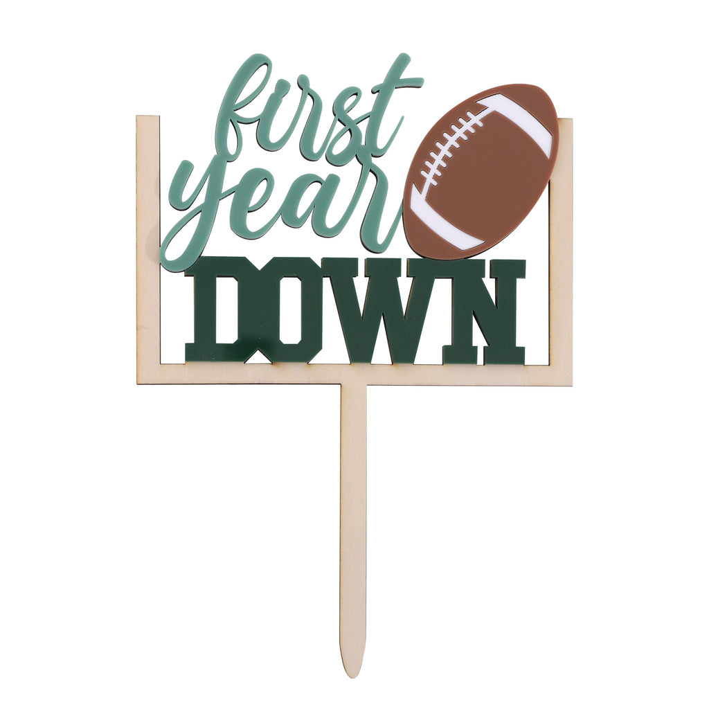 AOQURE Wooden First Year Down Cake Topper – Football 1st Birthday Party Decor