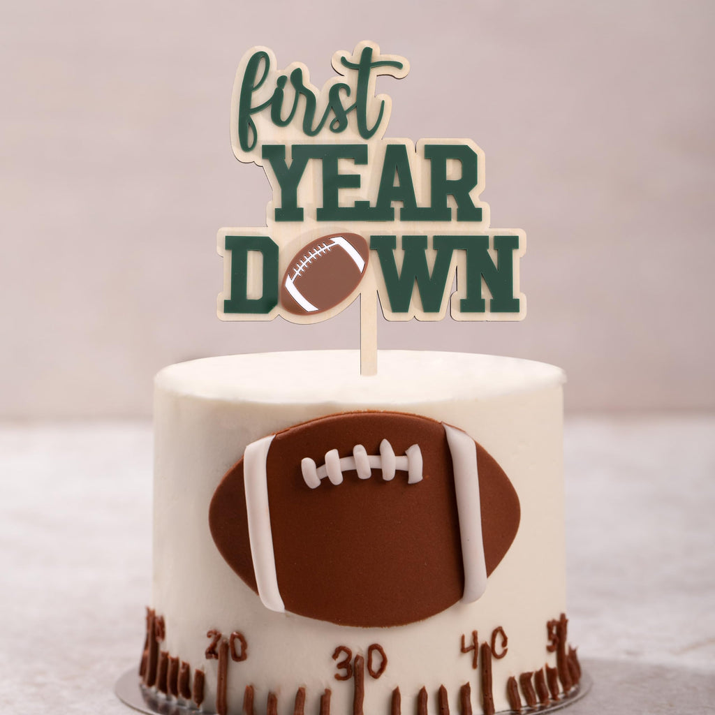 AOQURE Wooden First Year Down Cake Topper – Football 1st Birthday Decor