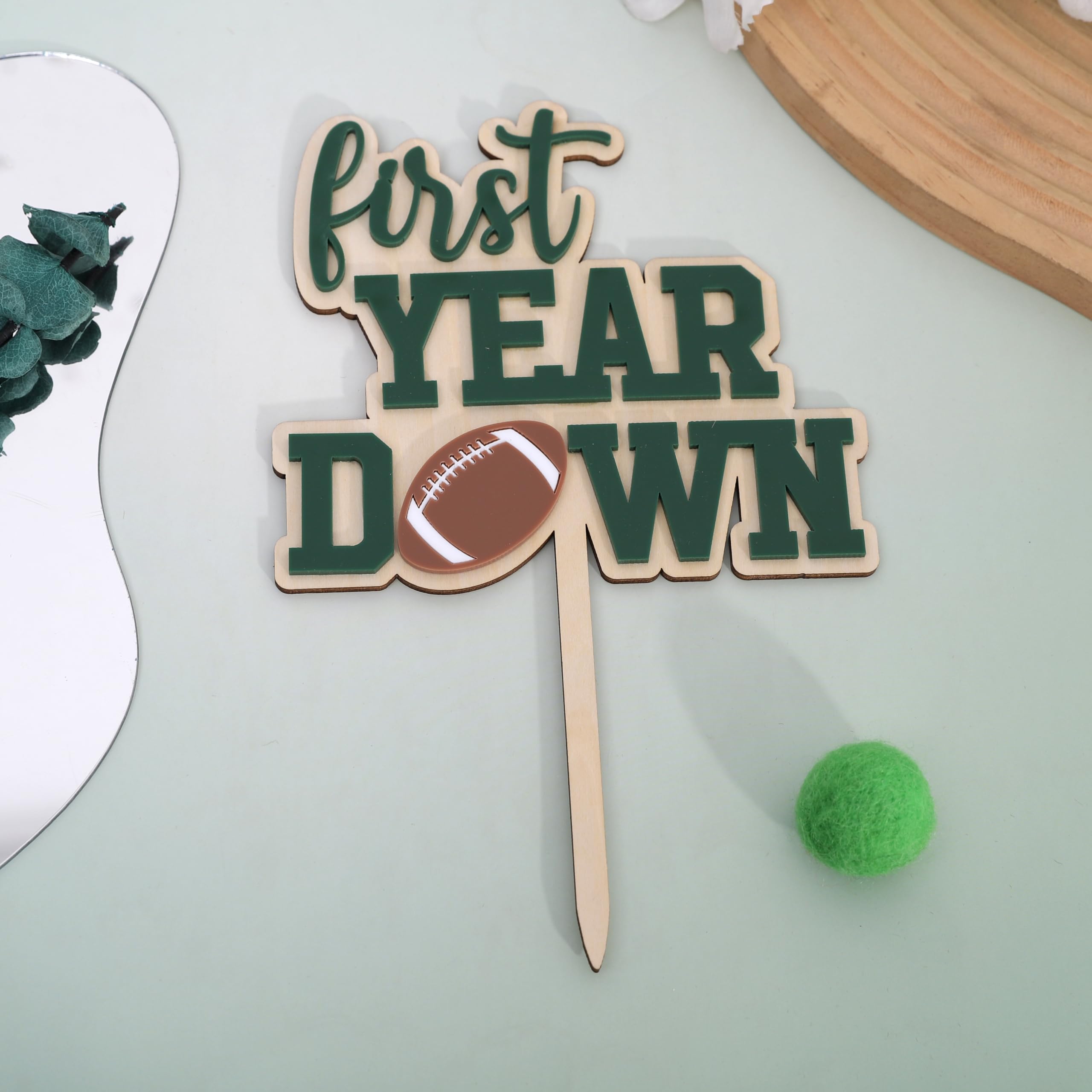 AOQURE Wooden First Year Down Cake Topper – Football 1st Birthday Decor