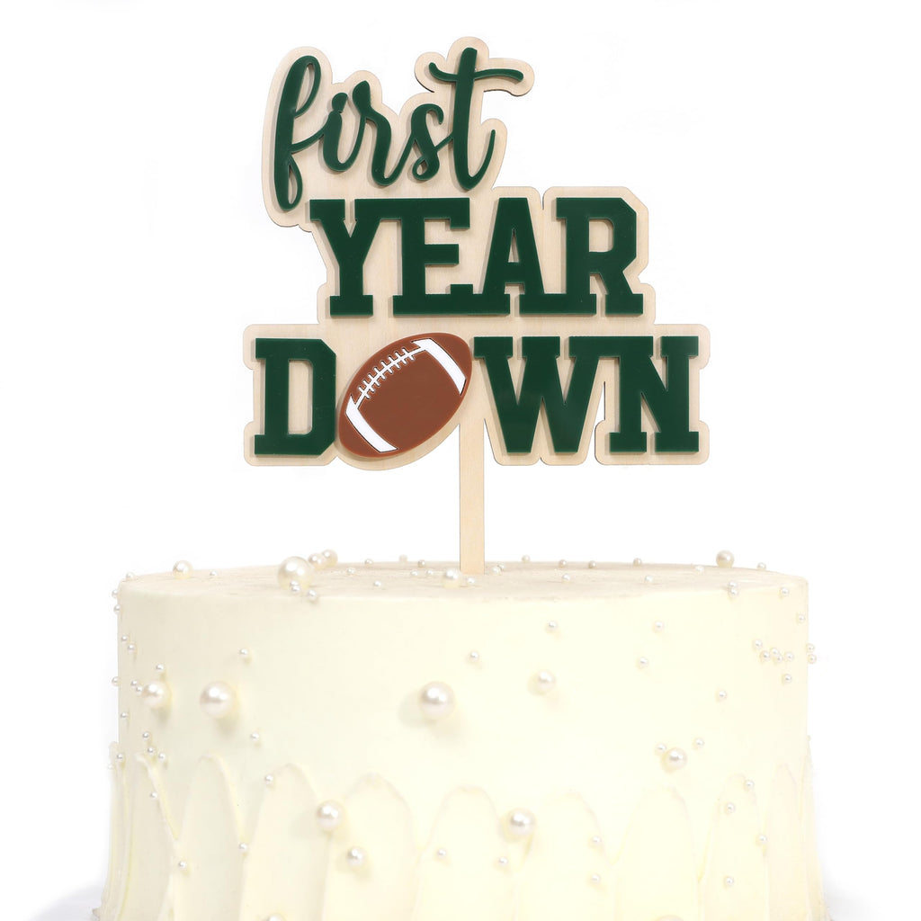 AOQURE Wooden First Year Down Cake Topper – Football 1st Birthday Decor