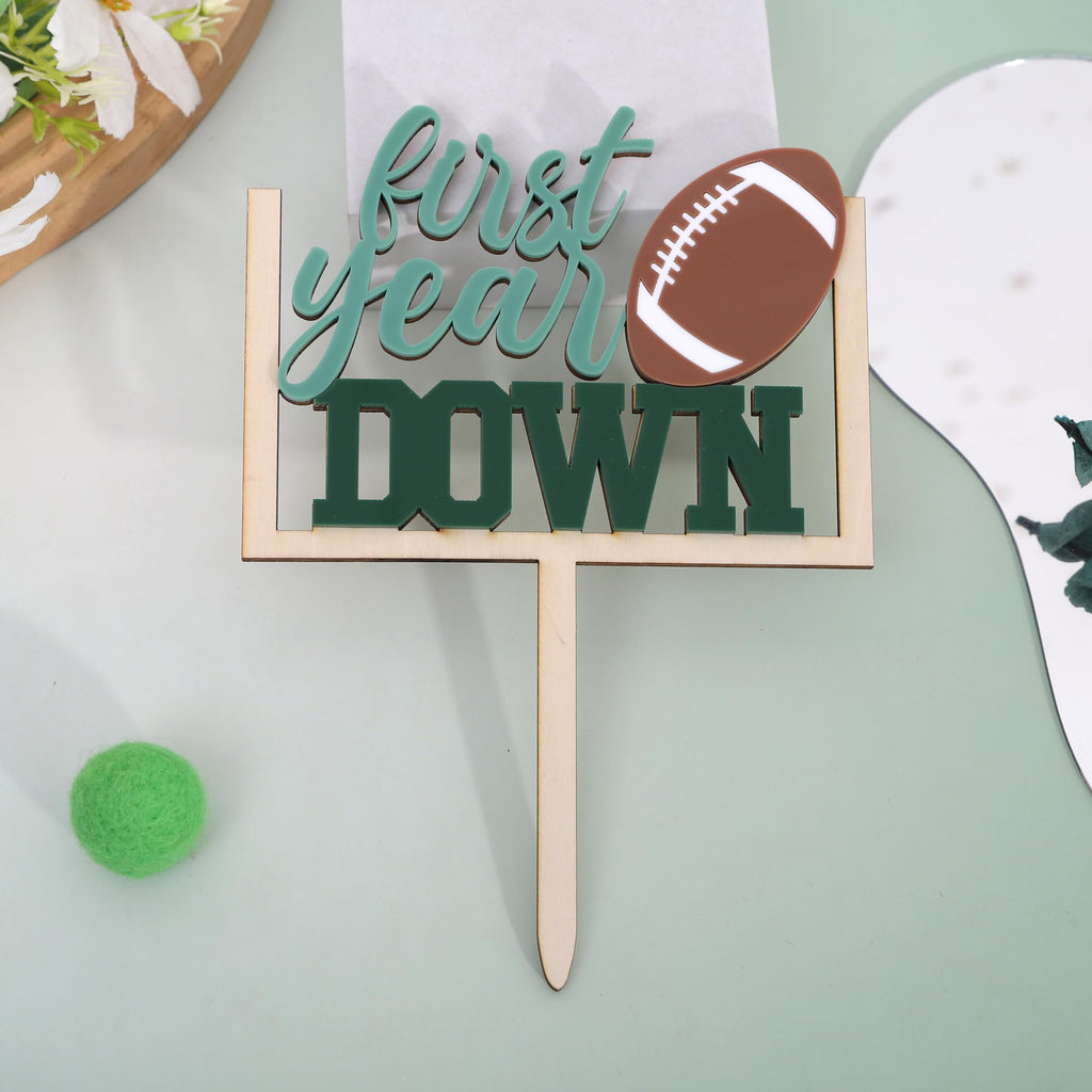 AOQURE Wooden First Year Down Cake Topper – Football 1st Birthday Party Decor