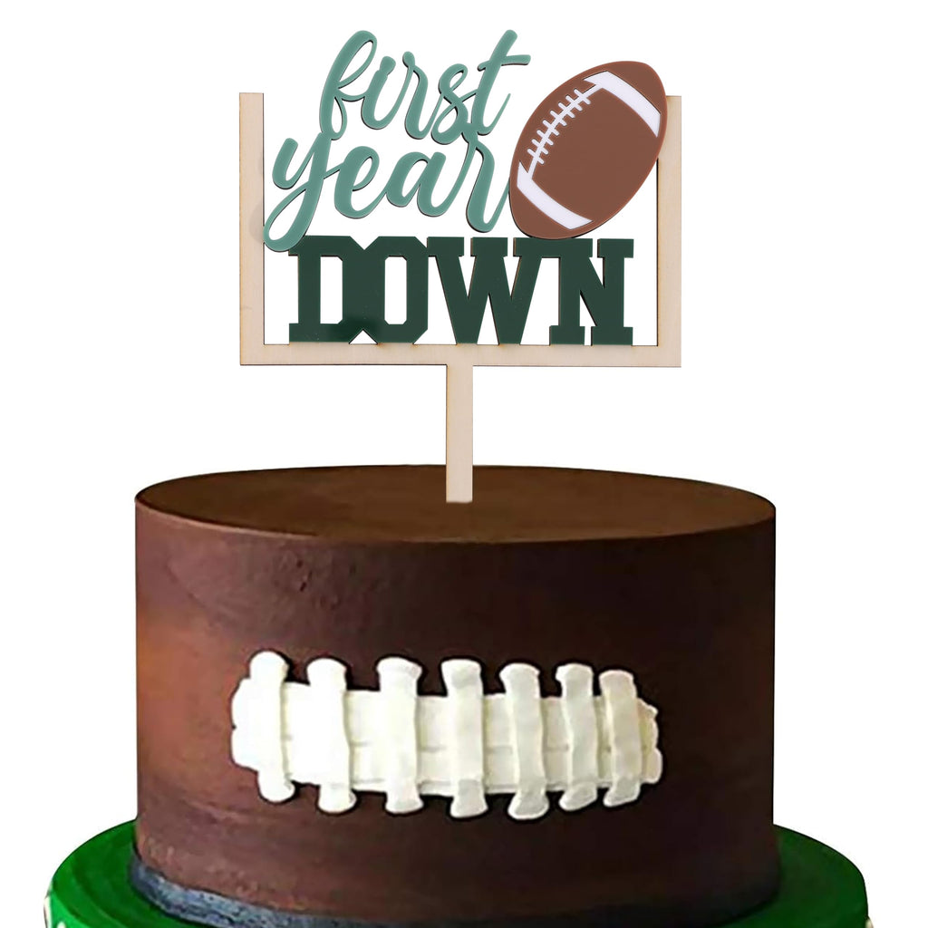 AOQURE Wooden First Year Down Cake Topper – Football 1st Birthday Party Decor