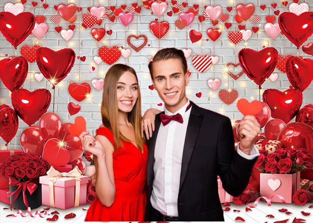 APDECCLK Happy Valentine's Day Backdrop – White Brick Wall with Red Hearts & Balloons, 82x59 in Photography Background