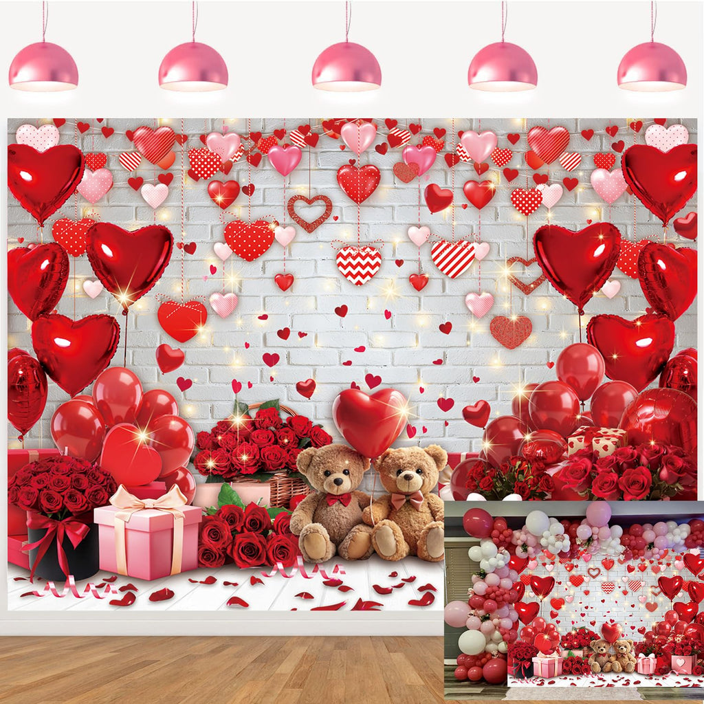 APDECCLK Happy Valentine's Day Backdrop – White Brick Wall with Red Hearts & Balloons, 82x59 in Photography Background