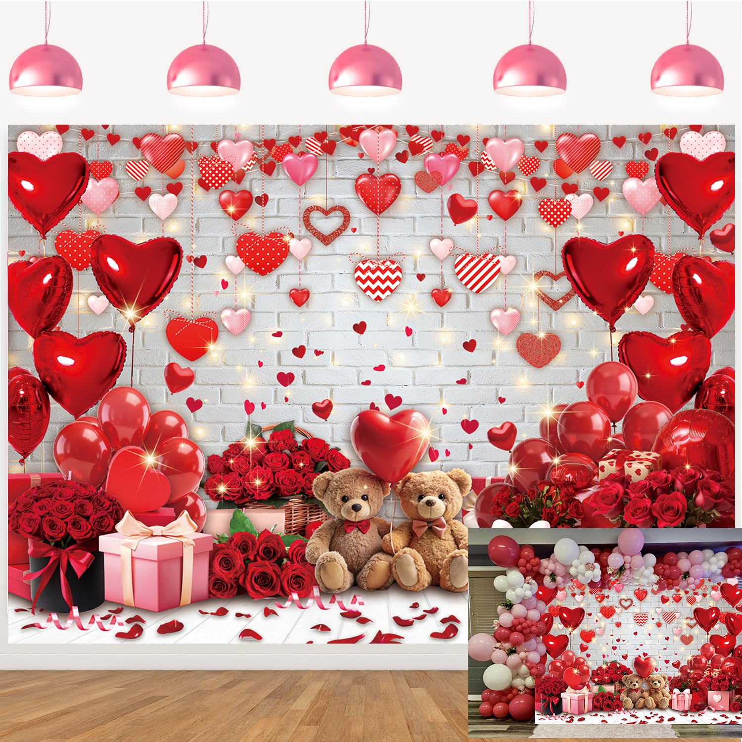 APDECCLK Happy Valentine's Day Backdrop – White Brick Wall with Red Hearts & Balloons, 82x59 in Photography Background