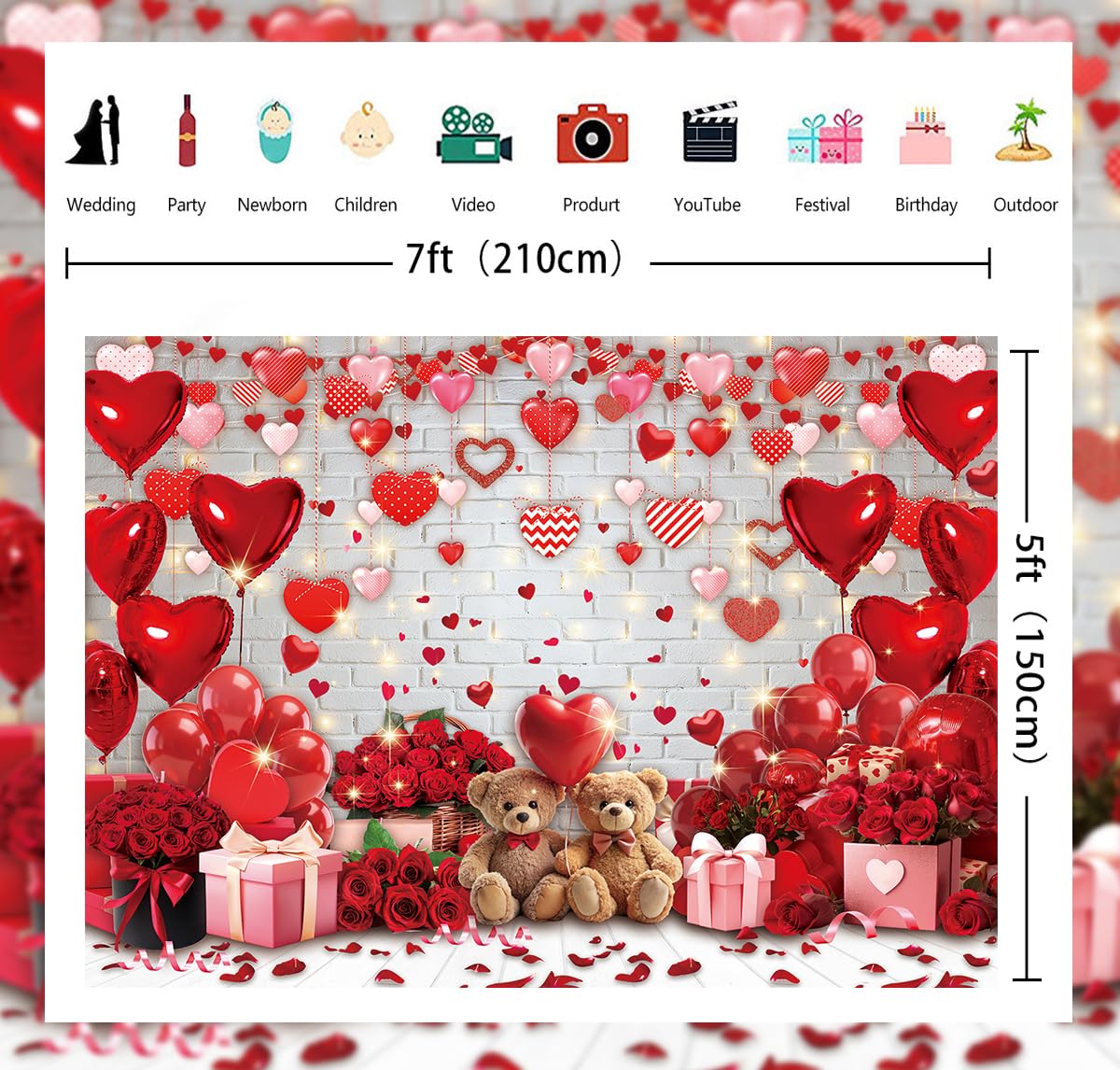 APDECCLK Happy Valentine's Day Backdrop – White Brick Wall with Red Hearts & Balloons, 82x59 in Photography Background