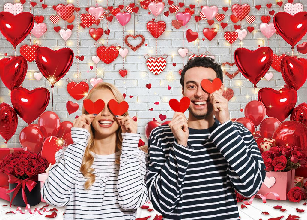 APDECCLK Happy Valentine's Day Backdrop – White Brick Wall with Red Hearts & Balloons, 82x59 in Photography Background