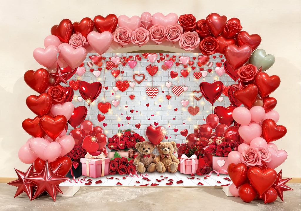 APDECCLK Happy Valentine's Day Backdrop – White Brick Wall with Red Hearts & Balloons, 82x59 in Photography Background