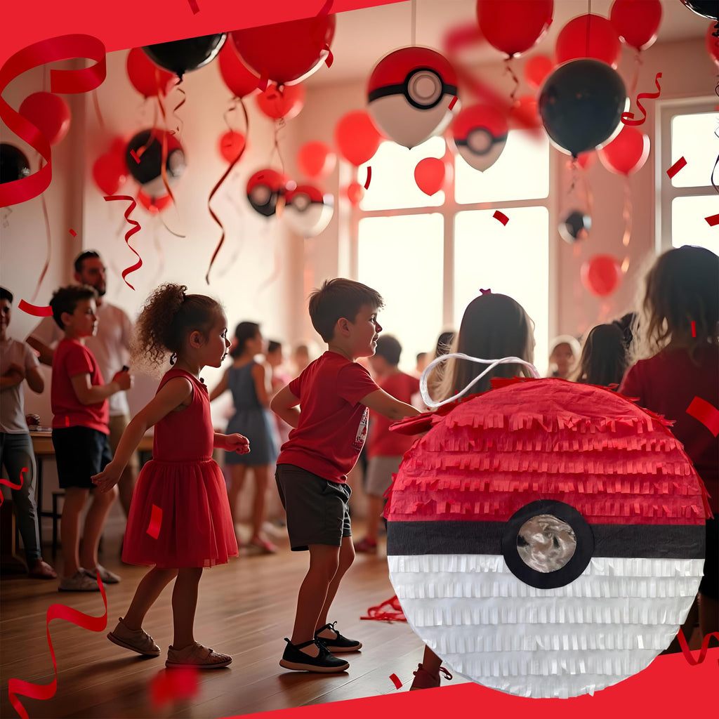 APINATA4U Red and White Ball Pinata – 16x4in for Poke Parties, Video Game Nights, Birthdays & More