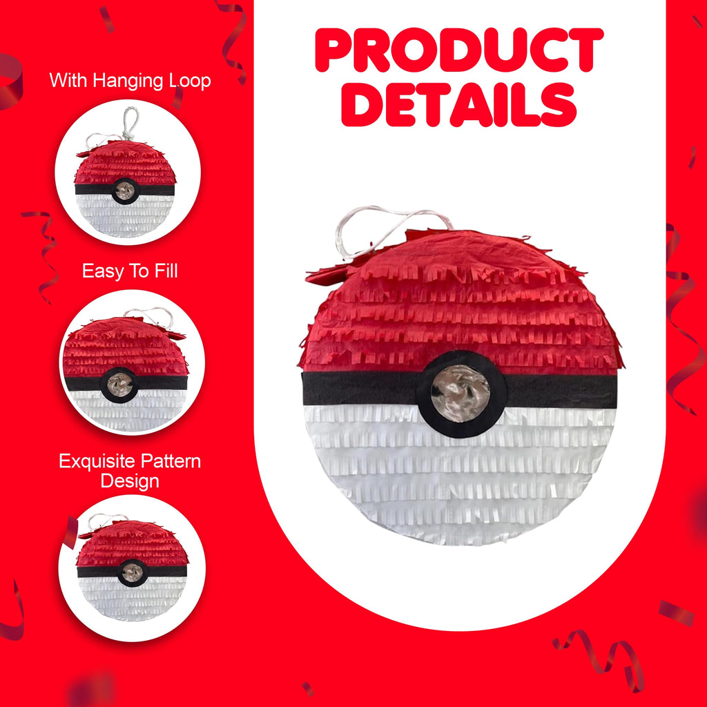 APINATA4U Red and White Ball Pinata – 16x4in for Poke Parties, Video Game Nights, Birthdays & More