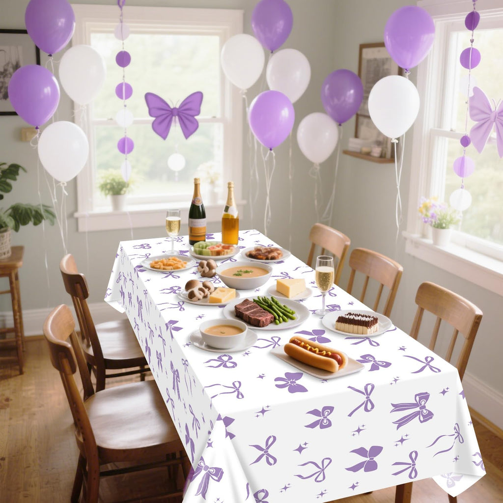APUXXJUPA 4 Pcs Purple Bow Tablecloths – 51 x 86 in White & Purple Birthday Decor