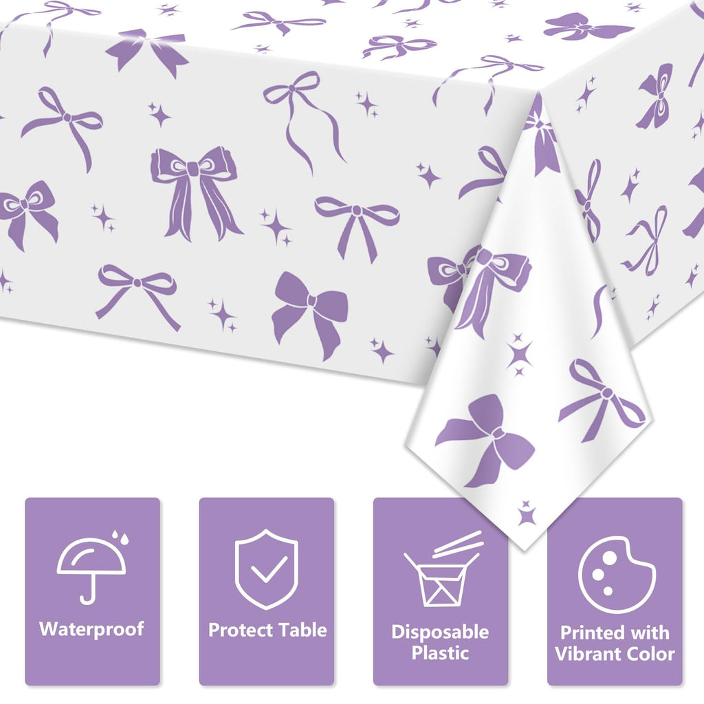 APUXXJUPA 4 Pcs Purple Bow Tablecloths – 51 x 86 in White & Purple Birthday Decor