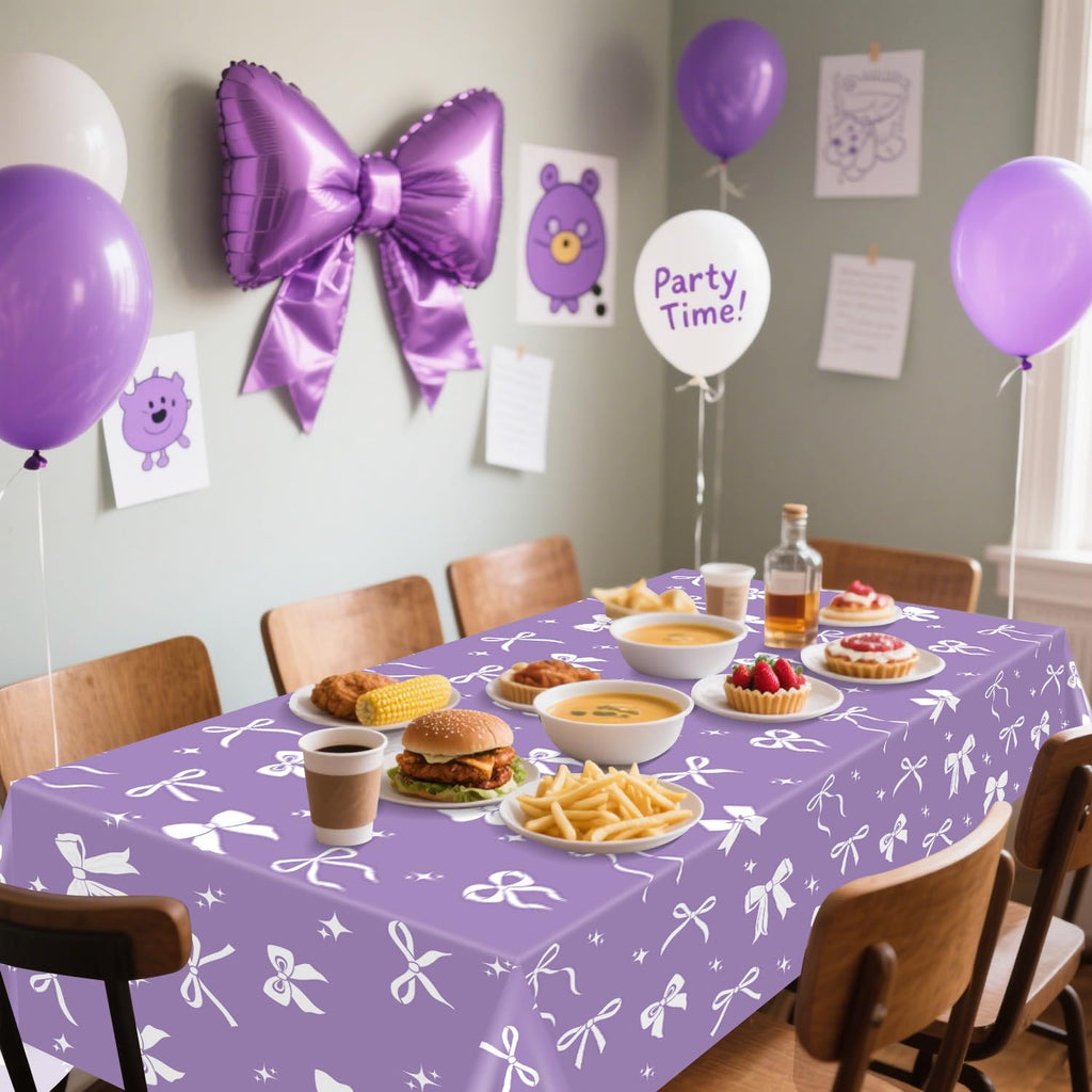 APUXXJUPA 4 Pcs Purple Bow Tablecloths – 51 x 86 in White & Purple Birthday Decor