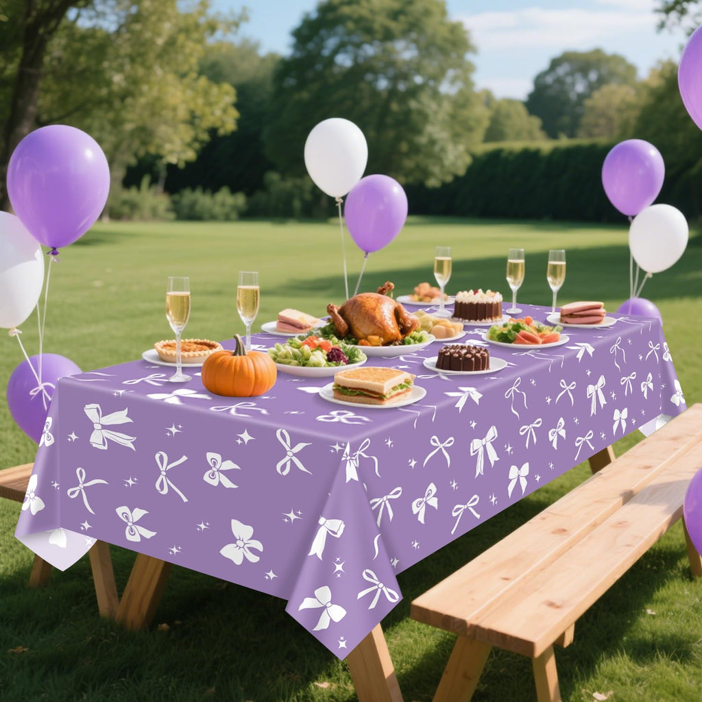 APUXXJUPA 4 Pcs Purple Bow Tablecloths – 51 x 86 in White & Purple Birthday Decor