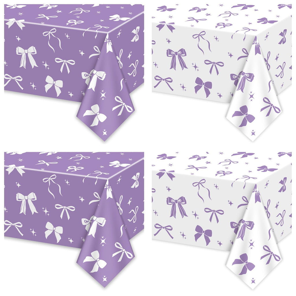 APUXXJUPA 4 Pcs Purple Bow Tablecloths – 51 x 86 in White & Purple Birthday Decor