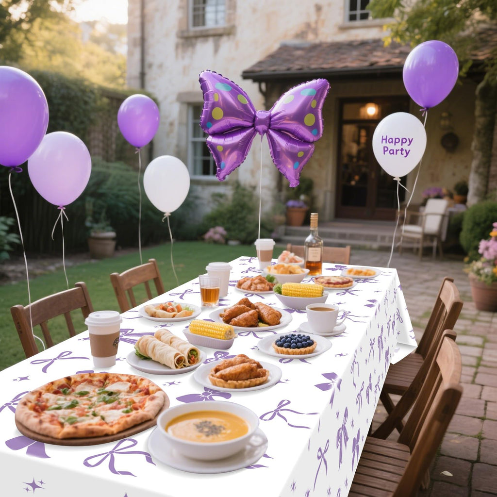 APUXXJUPA 4 Pcs Purple Bow Tablecloths – 51 x 86 in White & Purple Birthday Decor