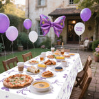 APUXXJUPA 4 Pcs Purple Bow Tablecloths – 51 x 86 in White & Purple Birthday Decor