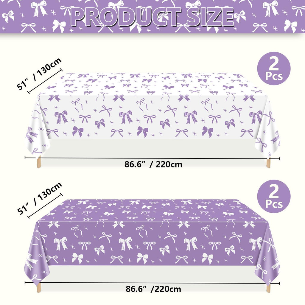 APUXXJUPA 4 Pcs Purple Bow Tablecloths – 51 x 86 in White & Purple Birthday Decor