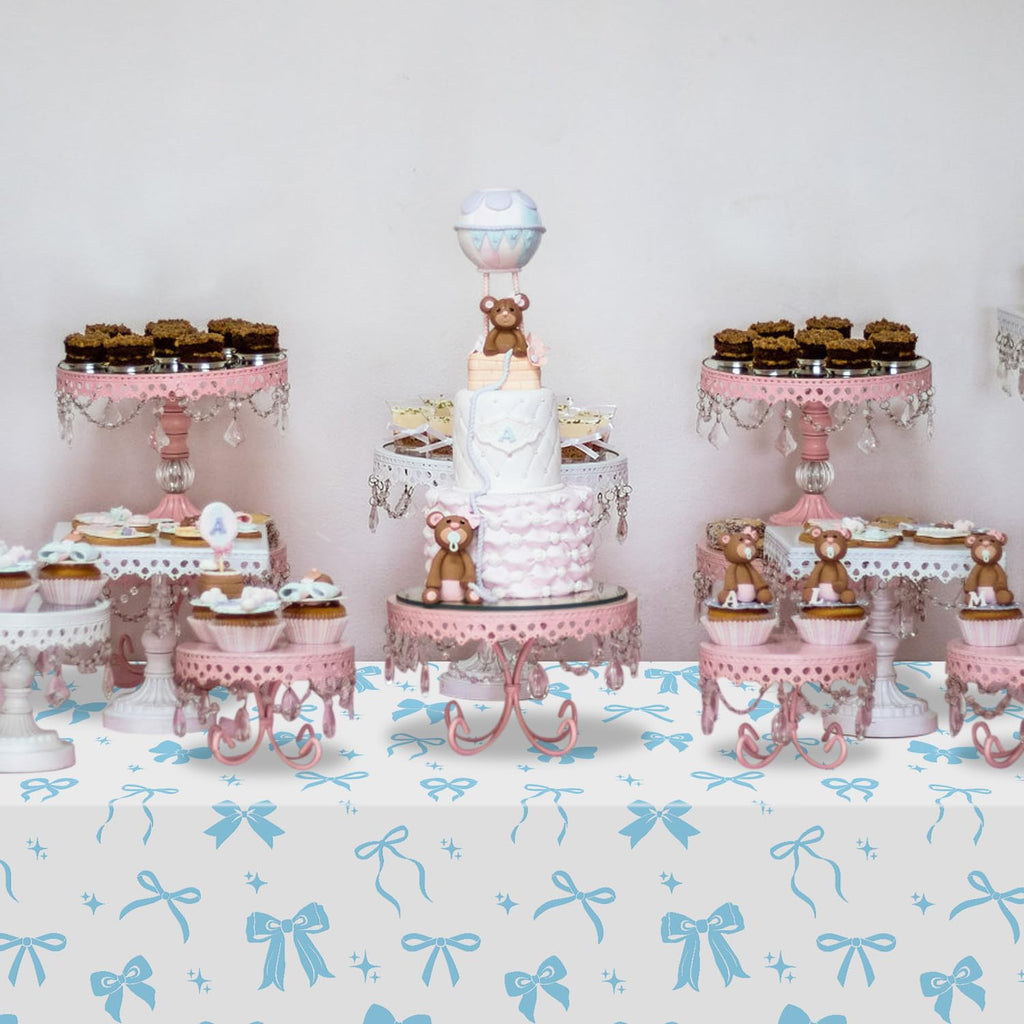 APUXXJUPA 4 Pcs Blue Bow Tablecloths | Blue & White Bow Party Decor