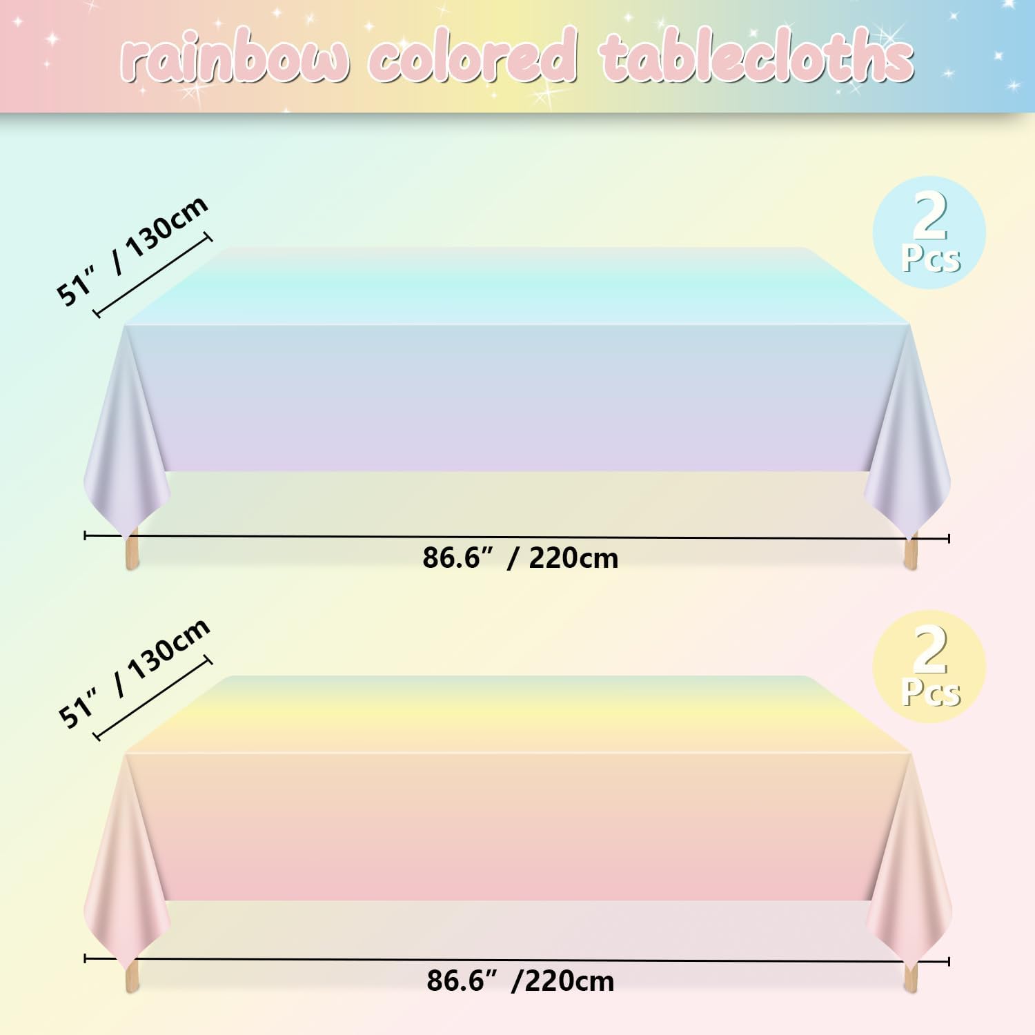 APUXXJUPA 4 Pcs Pastel Rainbow Tablecloths – 51x86 Inch Waterproof Party Covers for Kids’ Parties, Easter & Weddings