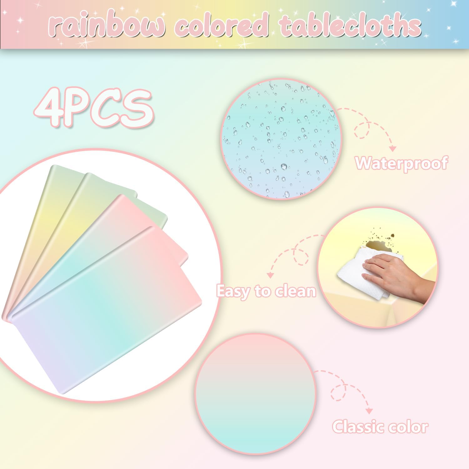 APUXXJUPA 4 Pcs Pastel Rainbow Tablecloths – 51x86 Inch Waterproof Party Covers for Kids’ Parties, Easter & Weddings