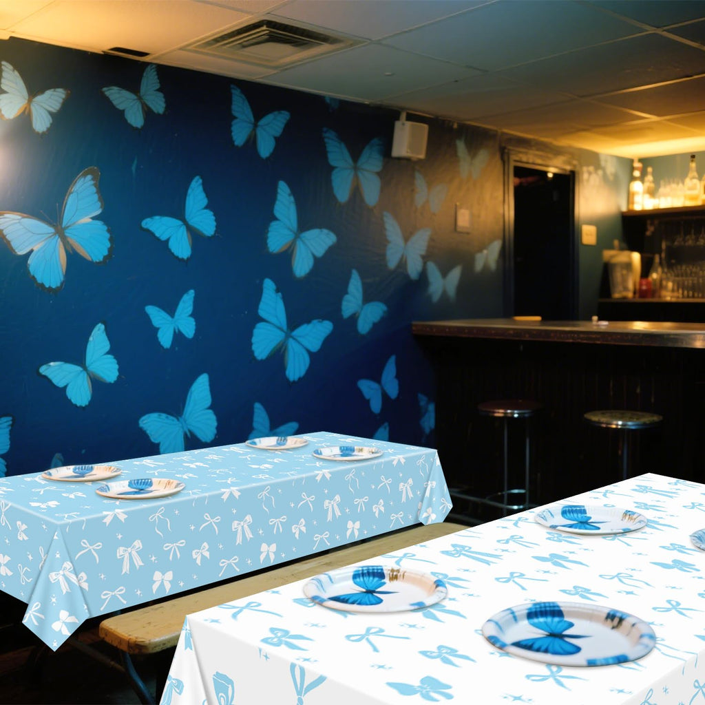 APUXXJUPA 4 Pcs Blue Bow Tablecloths | Blue & White Bow Party Decor