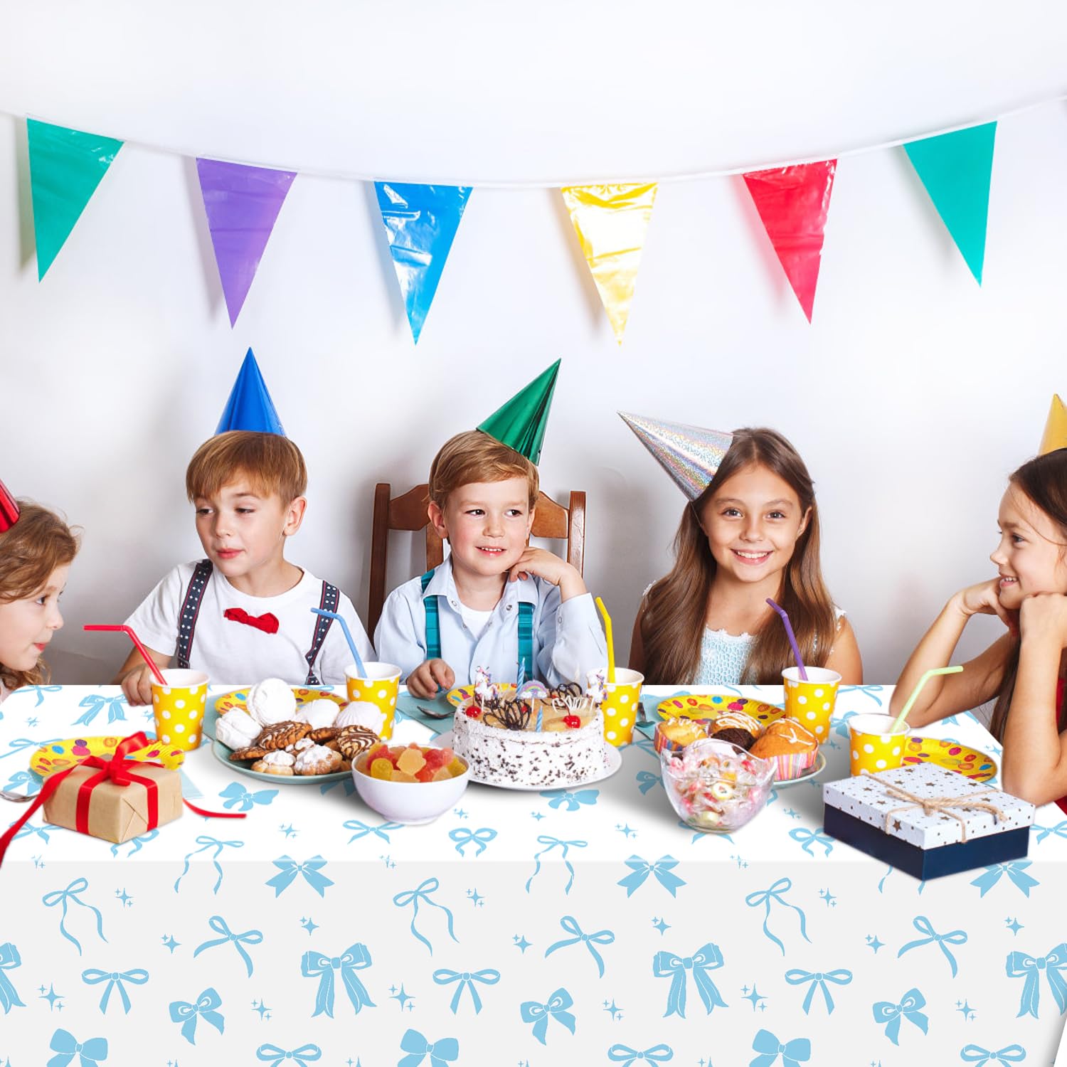 APUXXJUPA 4 Pcs Blue Bow Tablecloths | Blue & White Bow Party Decor