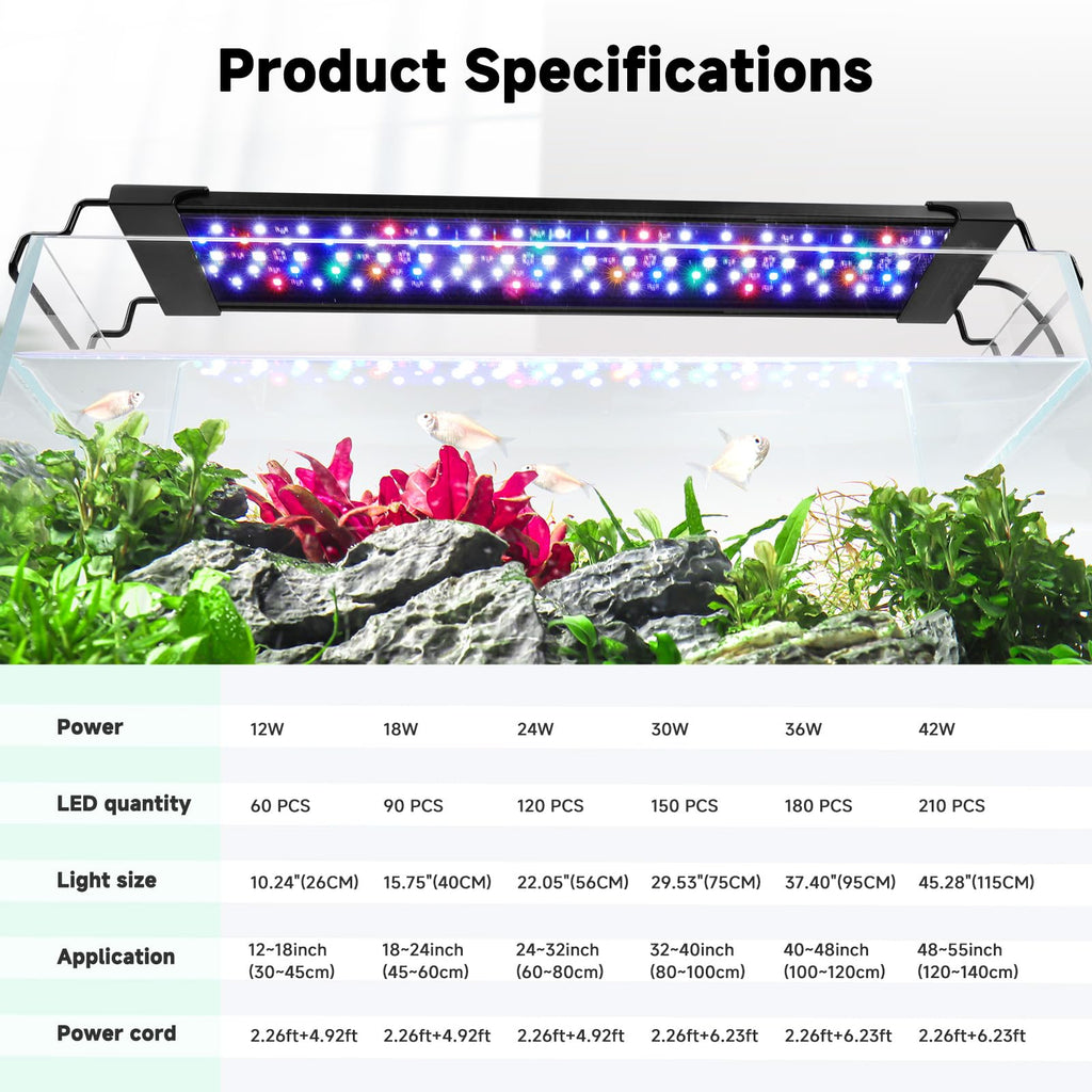 AQQA LED Aquarium Light for 24-32 Inch Tanks | 24/7 Mode & DIY Full Spectrum