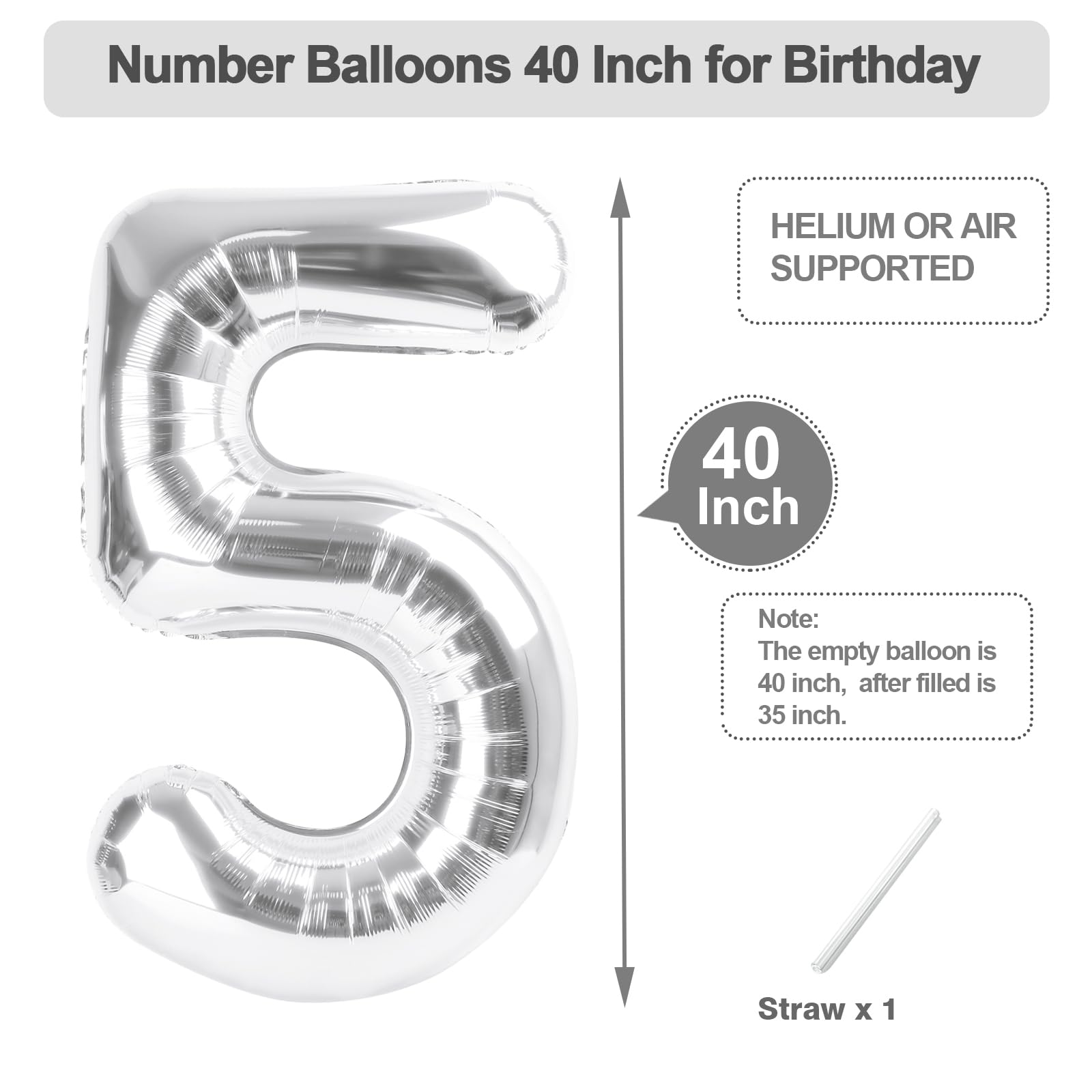Argthjy 40 Inch 5 Number Balloon – Silver Foil Party Balloons