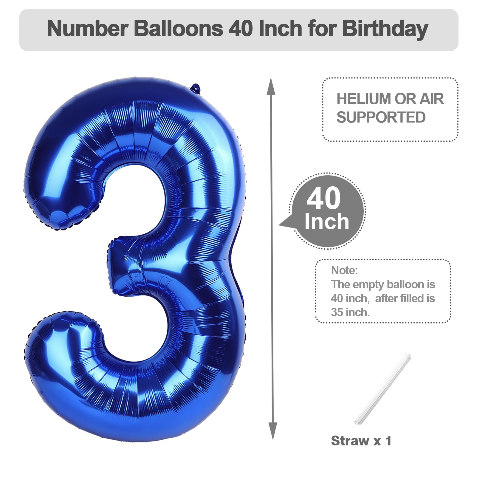 Argthjy 40-Inch Number Balloons - Blue 3 for Birthdays & Celebrations