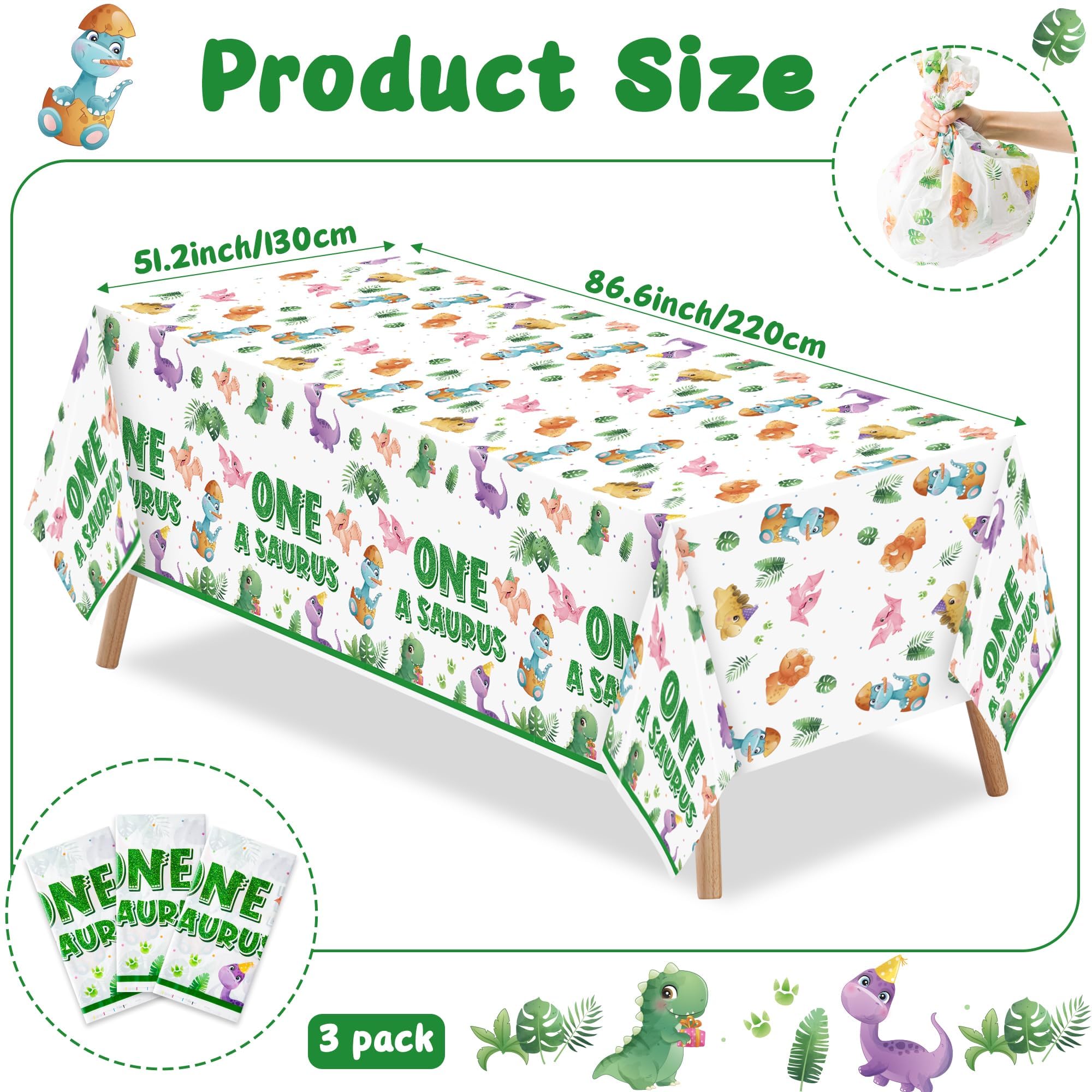 ArianQicult Dinosaur 1st Birthday Tablecloths – 3-Pack One-A-Saurus Party Covers