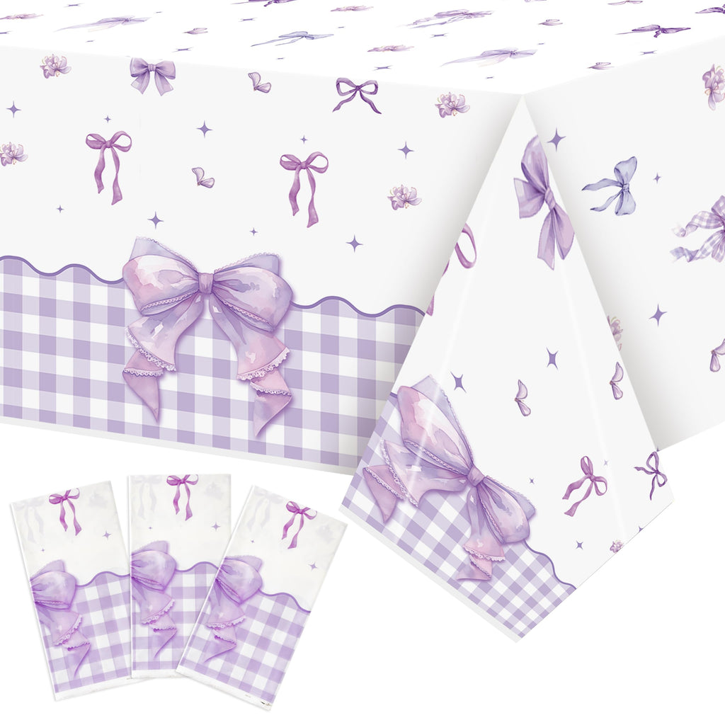 ArianQicult 3-Piece Purple Bow Tablecloths – 87x51in Disposable Party Covers