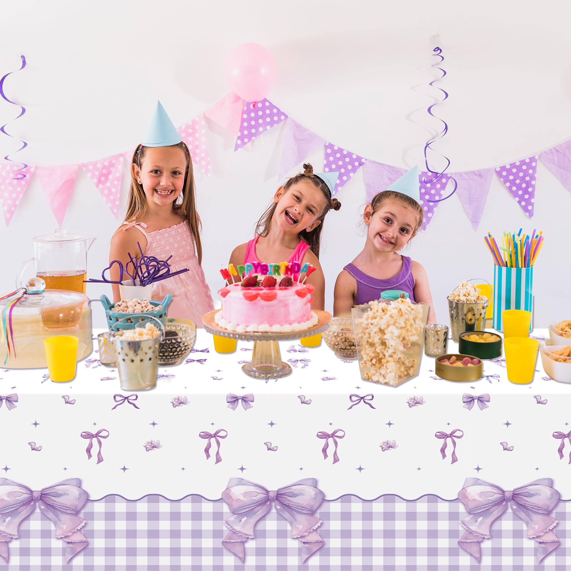 ArianQicult 3-Piece Purple Bow Tablecloths – 87x51in Disposable Party Covers
