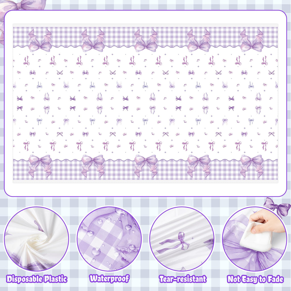 ArianQicult 3-Piece Purple Bow Tablecloths – 87x51in Disposable Party Covers