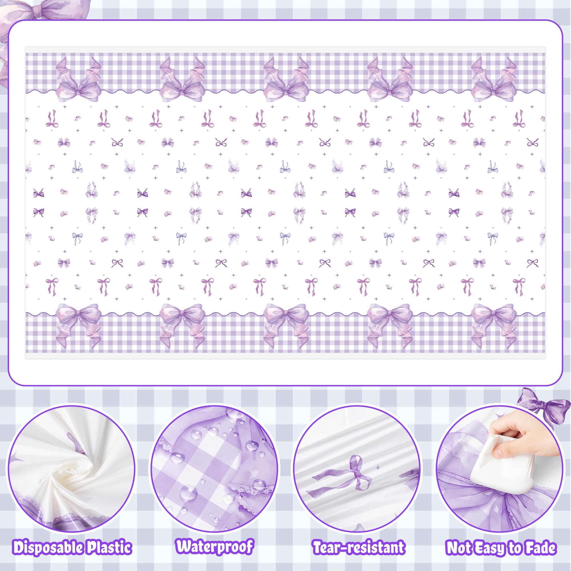 ArianQicult 3-Piece Purple Bow Tablecloths – 87x51in Disposable Party Covers