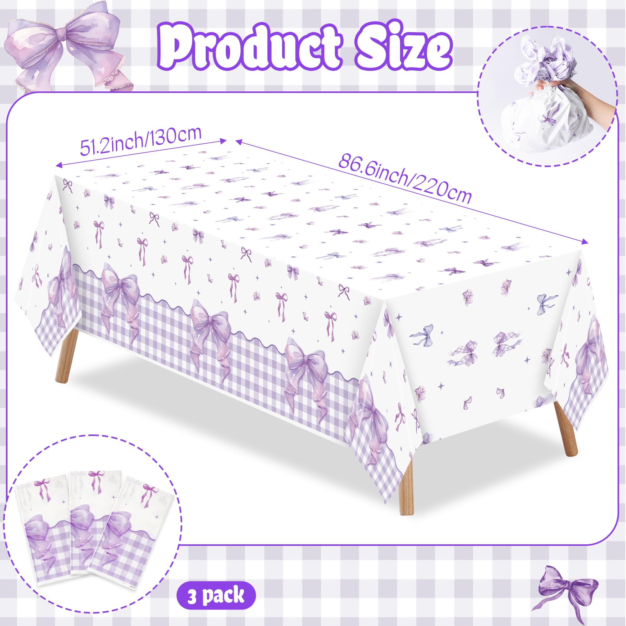 ArianQicult 3-Piece Purple Bow Tablecloths – 87x51in Disposable Party Covers