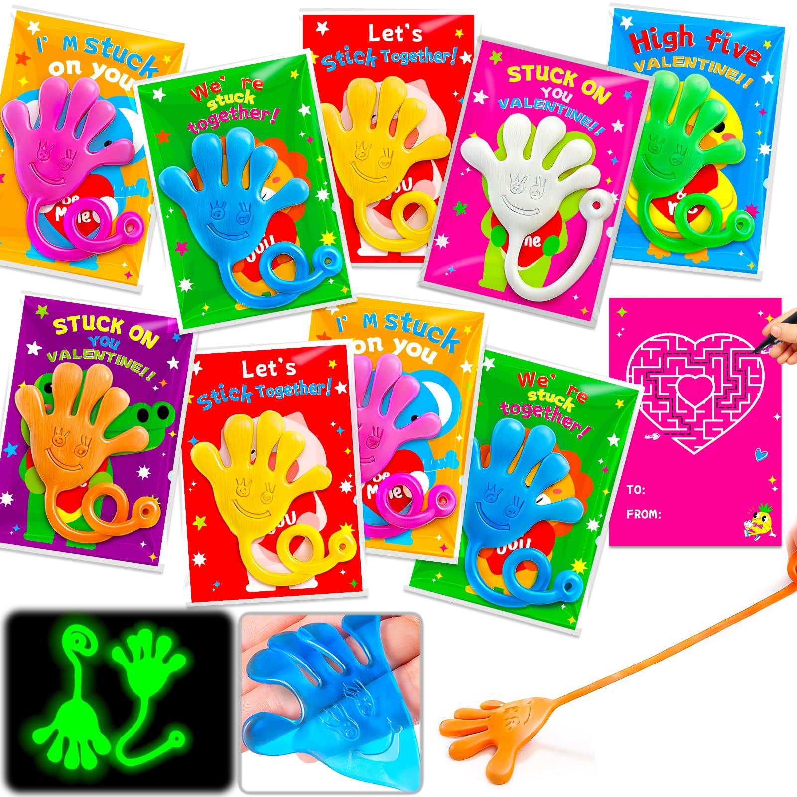 Armaytoy Glow-in-the-Dark Sticky Hands 28-Pack with Valentine Cards – Kids Party Favors