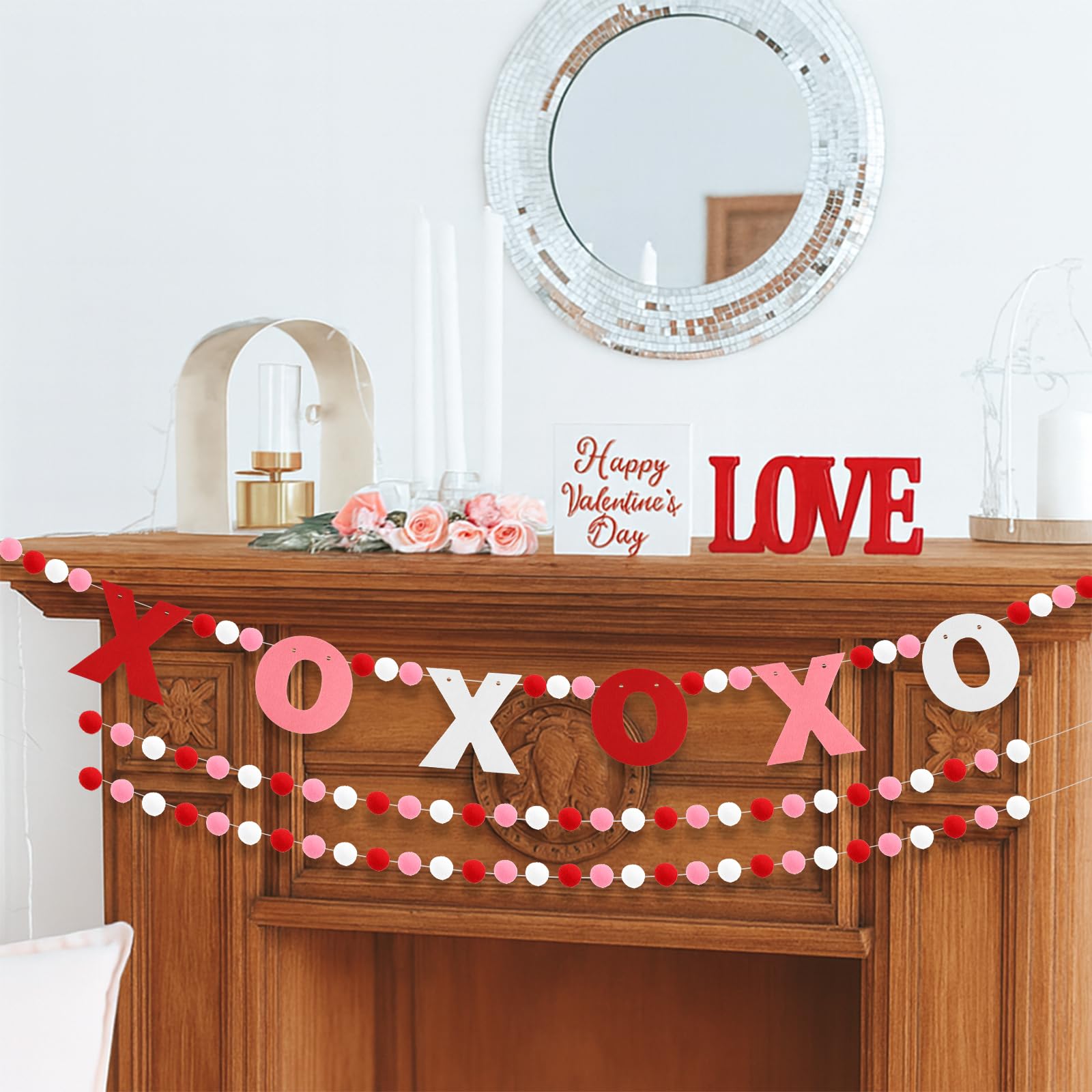Arosche 3pcs Valentines Day Felt Pompom Banner – XOXO Love, Pre-Assembled