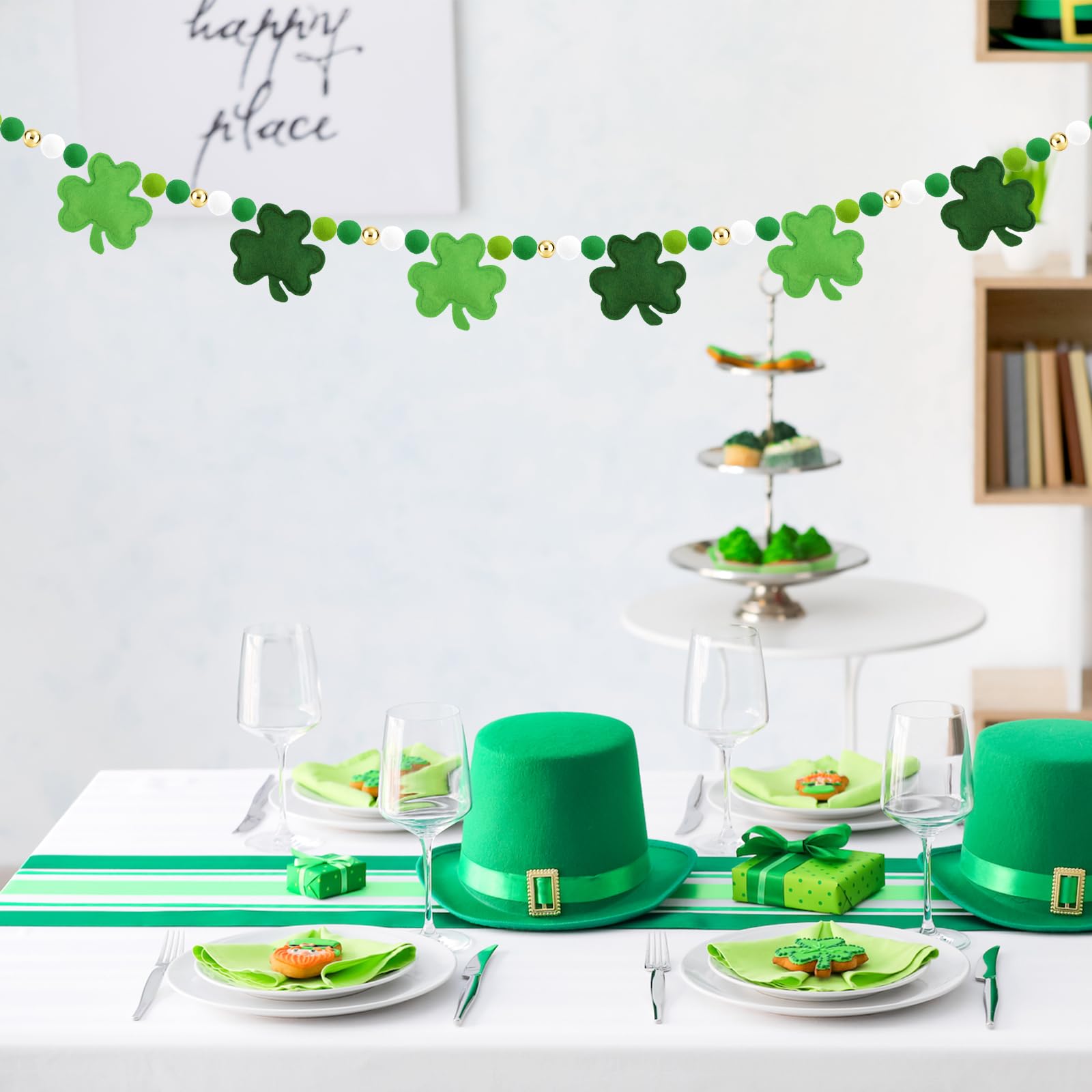 Arosche St Patrick's Day Felt Pompom Banner – Pre-Assembled Shamrocks & Gold Beads