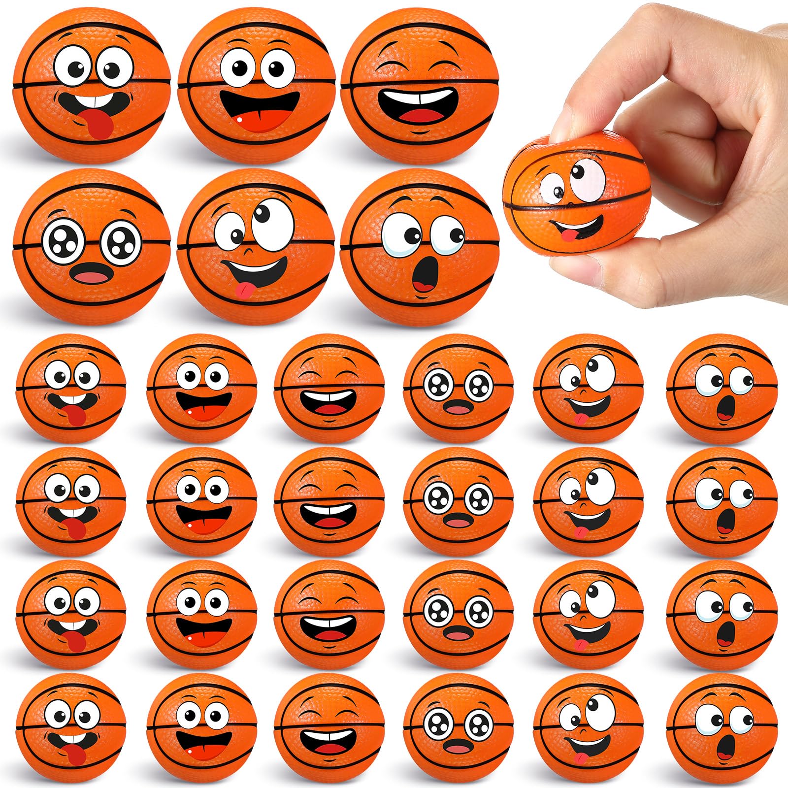 Arrowbash 24 Pcs Mini Face Basketball Stress Balls – PU Foam Squeeze Toys for Stress Relief, Party Favors, and Gifts