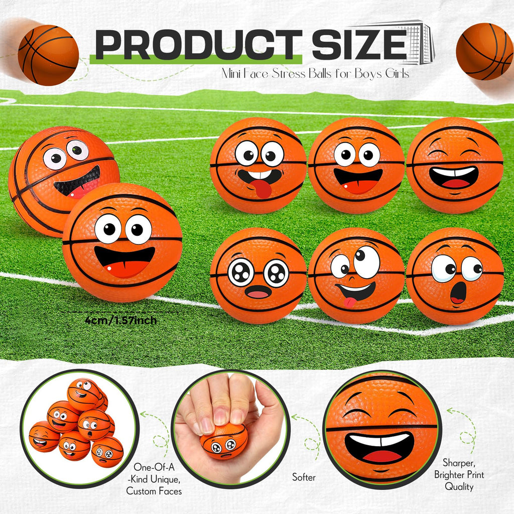 Arrowbash 24 Pcs Mini Face Basketball Stress Balls – PU Foam Squeeze Toys for Stress Relief, Party Favors, and Gifts