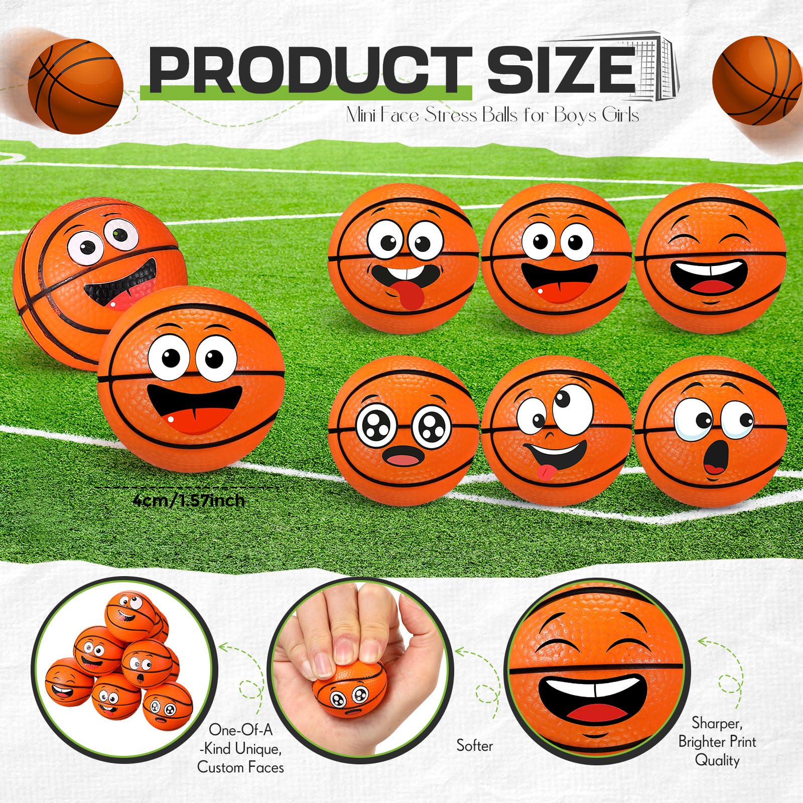 Arrowbash 24 Pcs Mini Face Basketball Stress Balls – PU Foam Squeeze Toys for Stress Relief, Party Favors, and Gifts