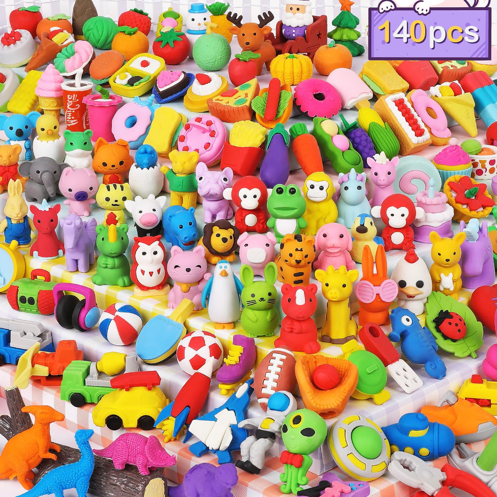 Arscniek 140-Pack Animal Erasers for Kids – Take-Apart Mini Pencils, Desk Pets & Party Favors