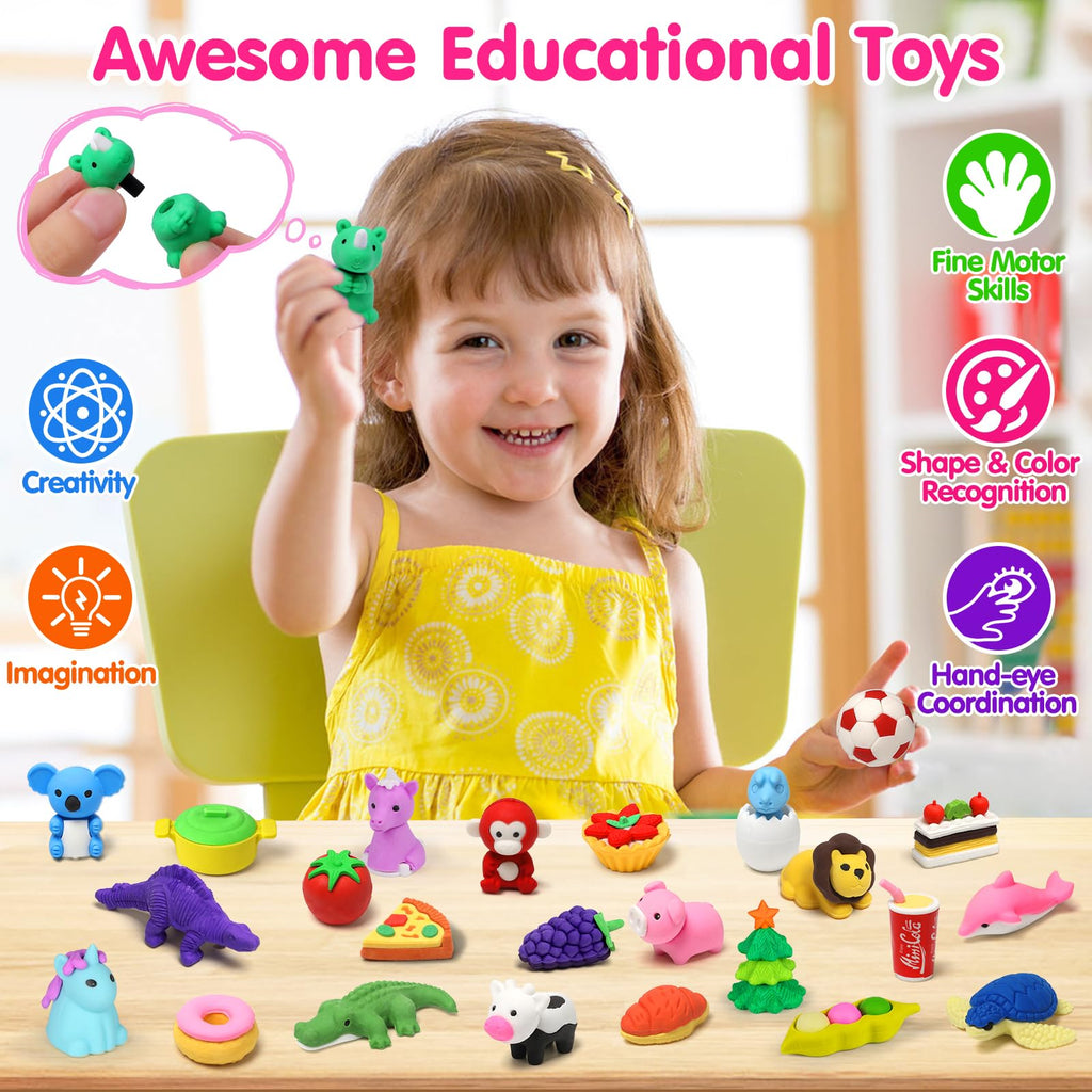 Arscniek 140-Pack Animal Erasers for Kids – Take-Apart Mini Pencils, Desk Pets & Party Favors
