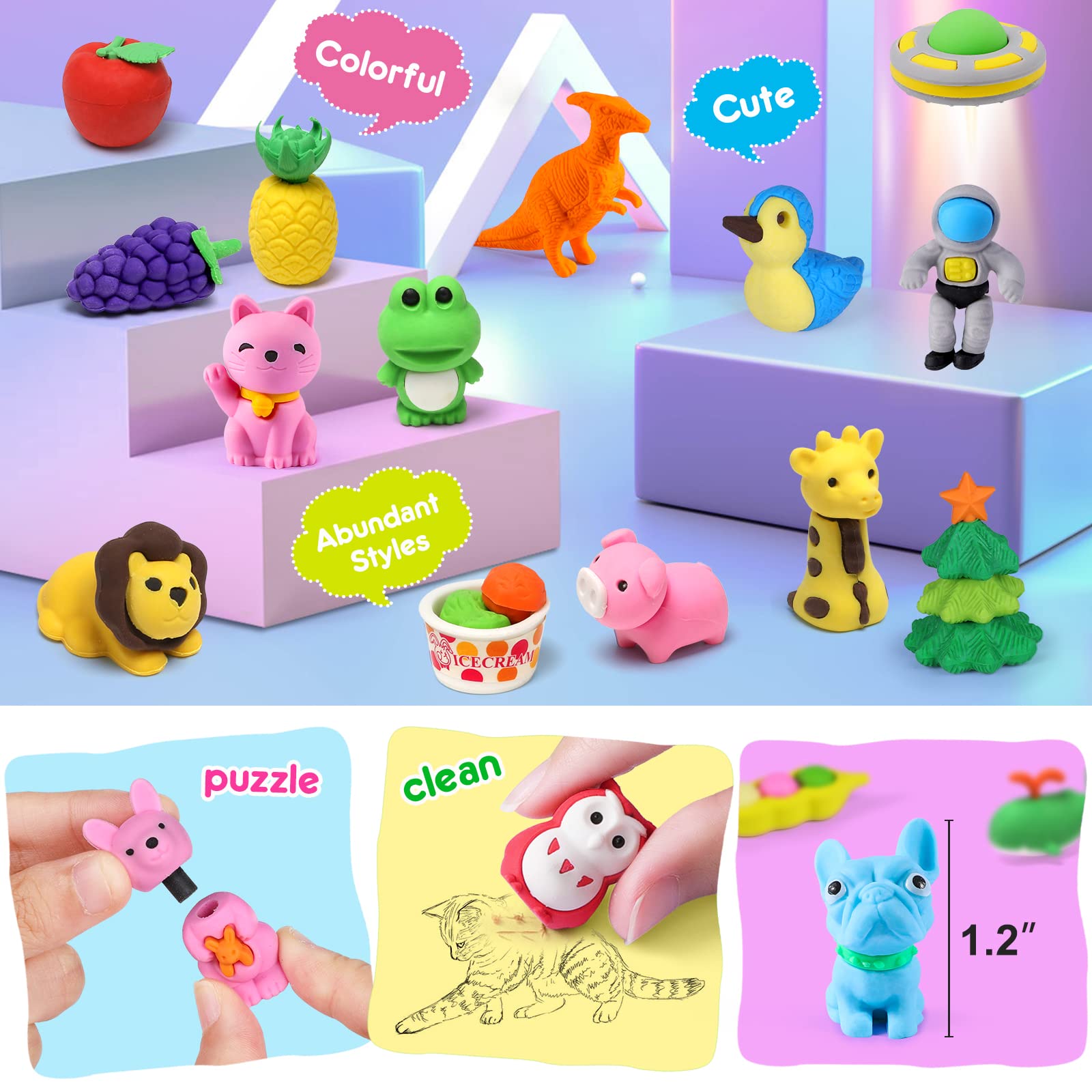 Arscniek 140-Pack Animal Erasers for Kids – Take-Apart Mini Pencils, Desk Pets & Party Favors