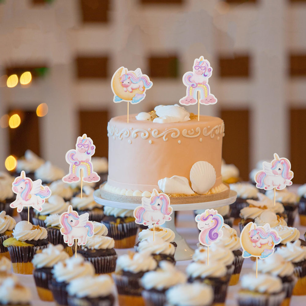 Arthsdite 24Pcs Unicorn Cupcake Toppers – Rainbow Moon Cloud Birthday Decor