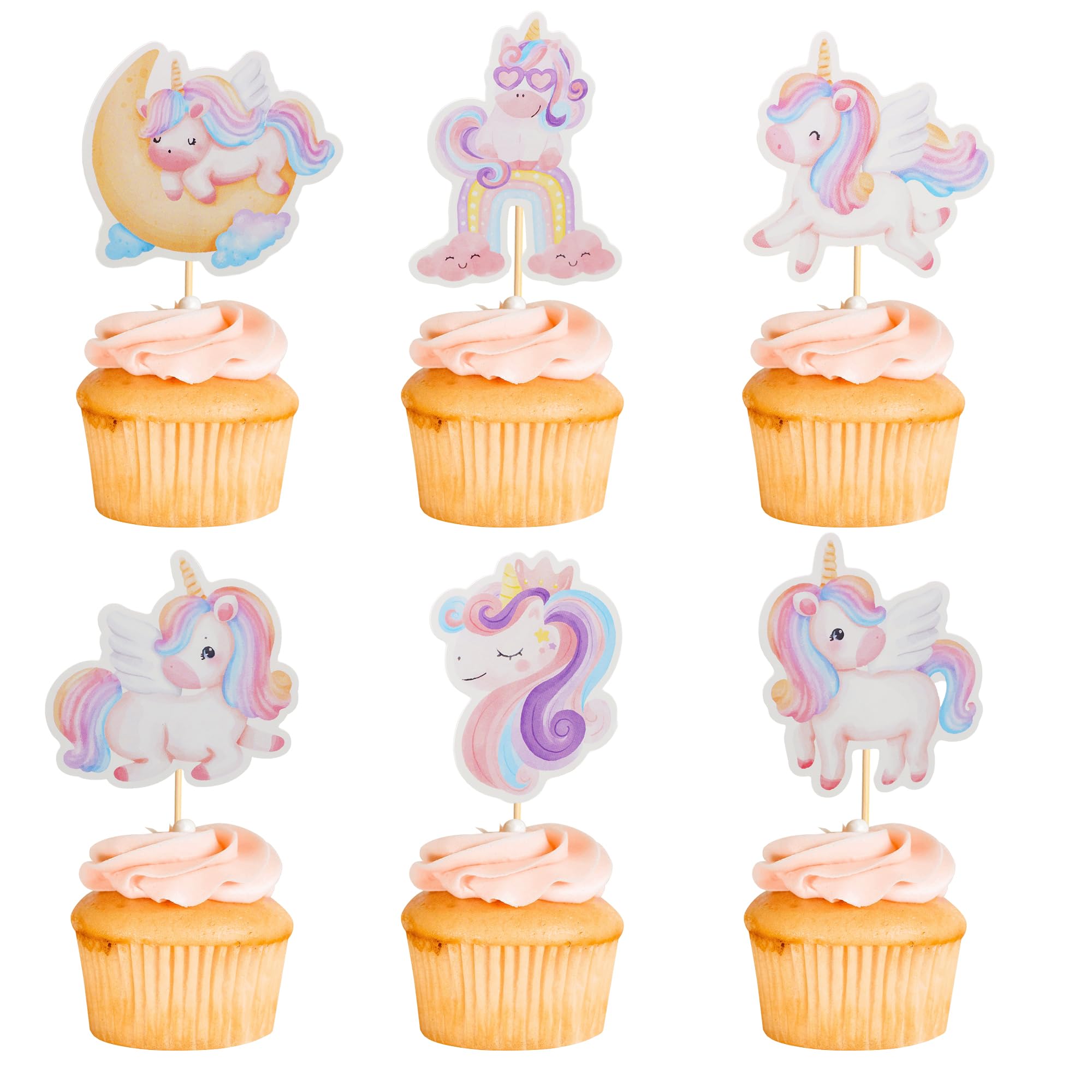 Arthsdite 24Pcs Unicorn Cupcake Toppers – Rainbow Moon Cloud Birthday Decor