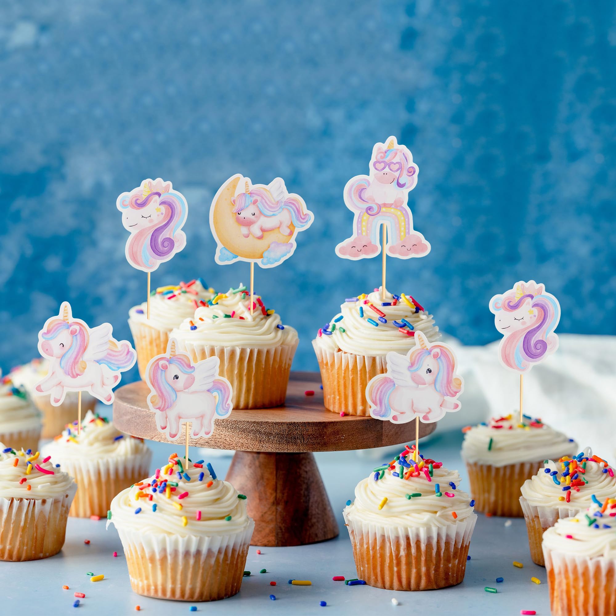 Arthsdite 24Pcs Unicorn Cupcake Toppers – Rainbow Moon Cloud Birthday Decor