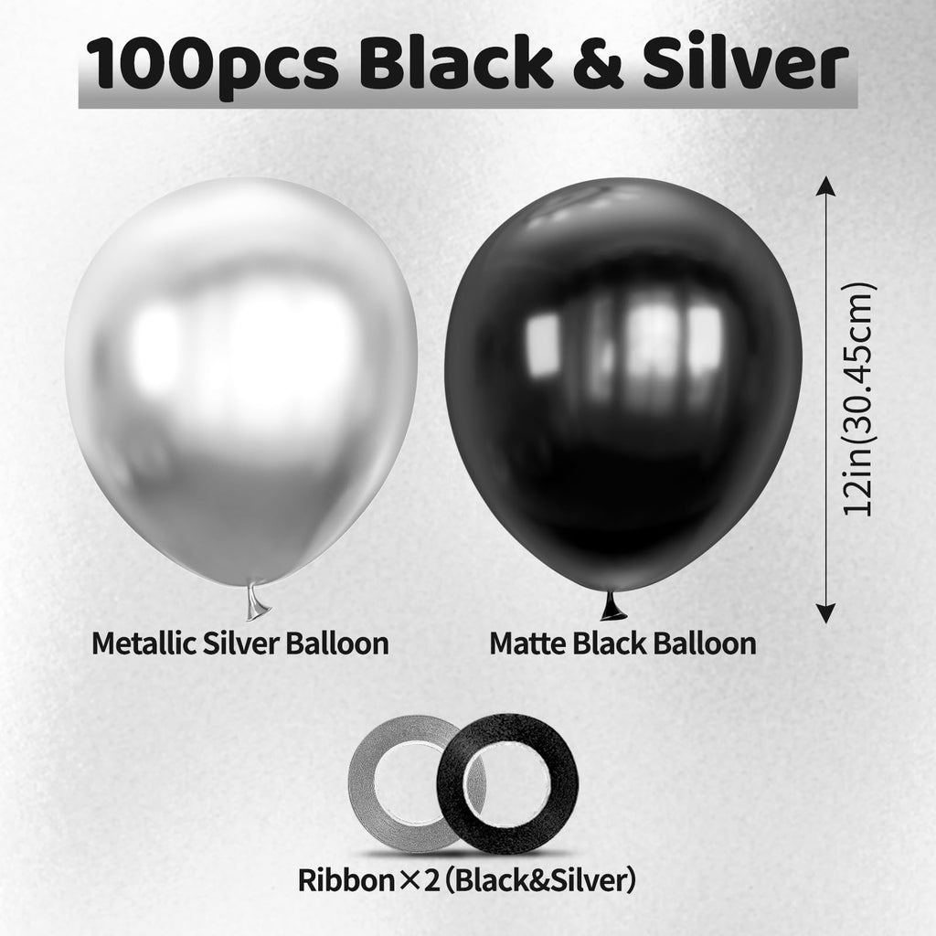 ASIYUHY 100pcs Black and Silver Balloons – 12 Inch Latex Party Decor Set