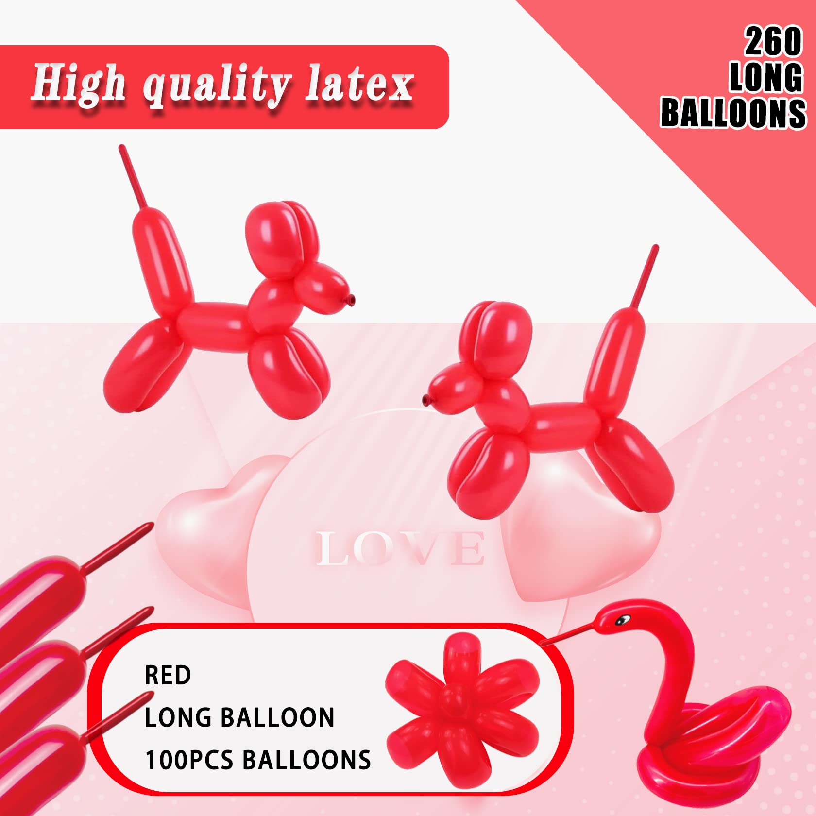 ASIYUHY 260 Long Red Balloons – 100 Pack, Durable Twistable Latex for Animal Shapes